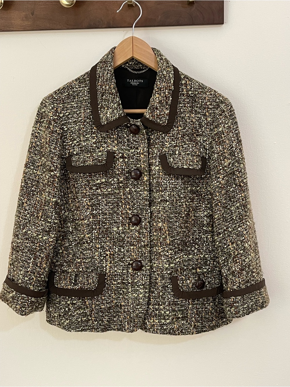 Talbots Petites Boucle Tweed Jacket Brown Green 3/4 Sleeve Cropped L/XL Petite